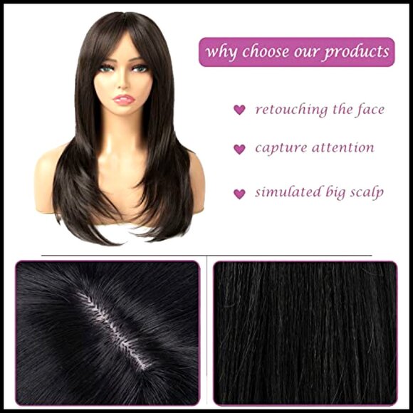 Long Straight Layered Wig with Bangs Heat Resistant Synthetic Fibre Glueless main image 4
